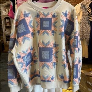 QUEEN OF SPARKLES Starburst Crewneck Sweat shirt- ivory, Blue and Pink